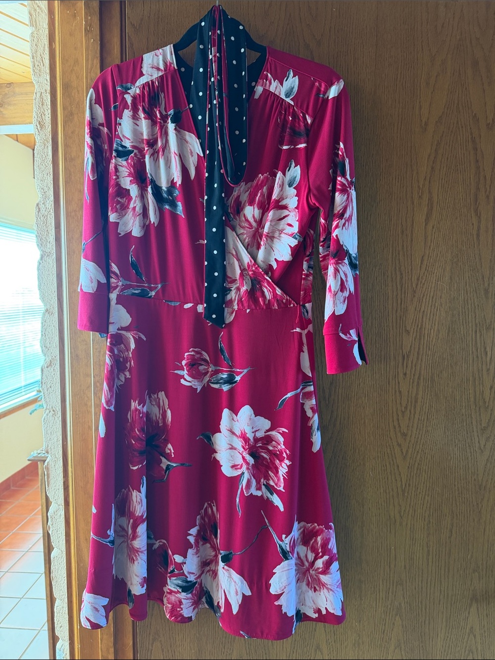 White House Black Market Reversible Red Floral and B/W Polka Sleeve Midi Dress